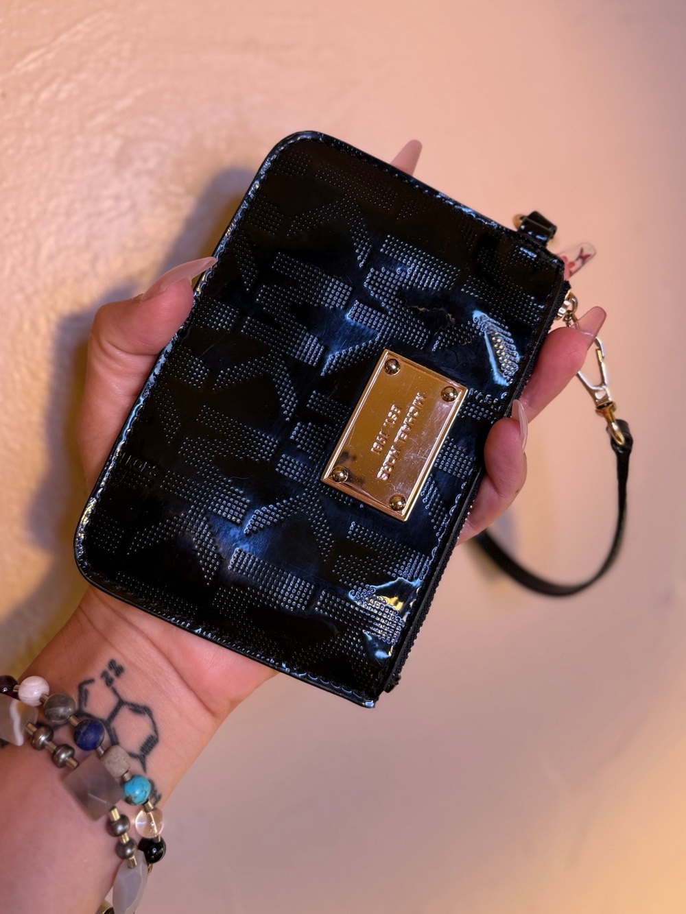 Michael Kors Mini Patent Wristlet Black with Gold Plaque Zipper